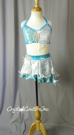 Light Blue Bra-Top and Flouncy Asymmetrical Skirt - Swarovski Rhinestones