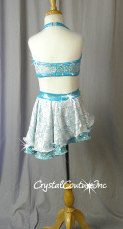 Light Blue Bra-Top and Flouncy Asymmetrical Skirt - Swarovski Rhinestones