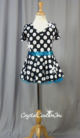 Black and White Polka Dotted Dress with Blue Accents - Swarovski Rhinestones
