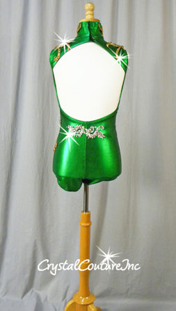 Shimmery Green Leotard with Gold and Silver Appliques - Swarovski Rhinestones