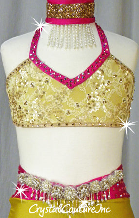 Hot Pink and Gold Fringe Top and Skirt/Trunk - Swarovski Rhinestones
