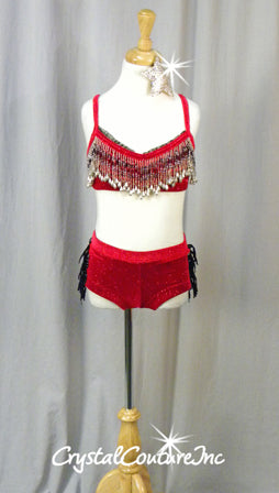 Red Velvet Bra Top and Booty Shorts with Black Accents