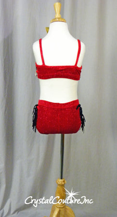 Red Velvet Bra Top and Booty Shorts with Black Accents – Crystal