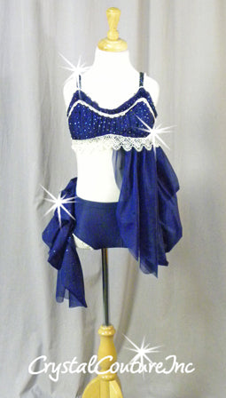 Custom Navy Blue Connected Two-Piece with Ivory Accents - Swarovski Rhinestones