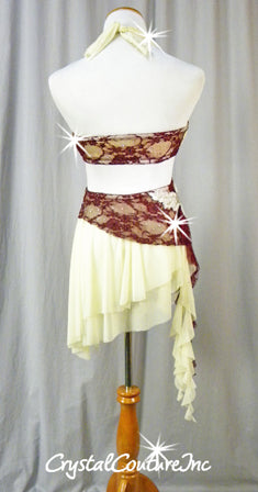 Ivory Asymmetrical Dress with Briefs and Burgundy Lace - Swarovski Rhinestones
