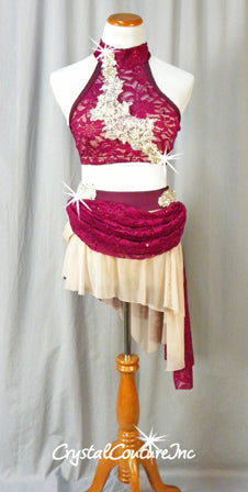 Burgundy & Nude Bra Top & Asymmetrical Skirt with Attached Briefs - Swarovski Rhinestones