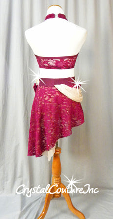 Burgundy & Nude Bra Top & Asymmetrical Skirt with Attached Briefs - Swarovski Rhinestones