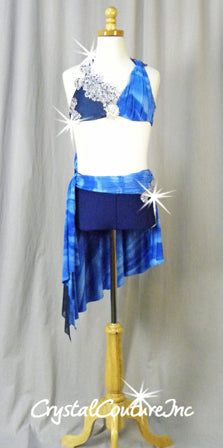 Custom Blue Bra-Top & Booty Shorts with Attached Asymmetrical Half Skirt - Swarovski Rhinestones