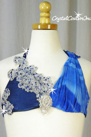 Custom Blue Bra-Top & Booty Shorts with Attached Asymmetrical Half Skirt - Swarovski Rhinestones