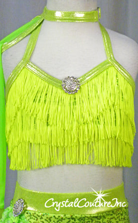 Neon Green Sequin Top/Skirt with Fringe & Ruffles - Swarovski Rhinestones