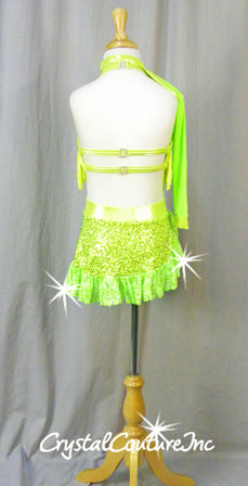 Neon Green Sequin Top/Skirt with Fringe & Ruffles - Swarovski Rhinestones