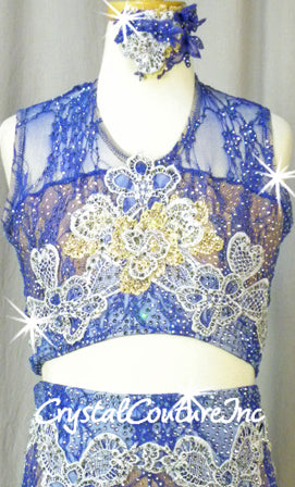 Blue and Lt Blue Floral Lace Connected 2 pc with Embroidered Appliques - Swarovski Rhinestones