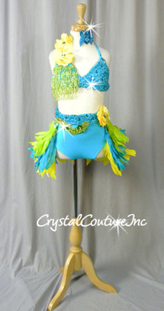 Teal Blue Halter Top and Trunk with Lime Green, Blue, Yellow Feather Skirt - Swarovski Rhinestones