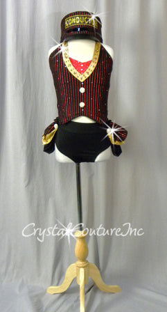 Custom Black/Red/Gold Crop Vest & Briefs with Attached Half Skirt - Swarovski Rhinestones