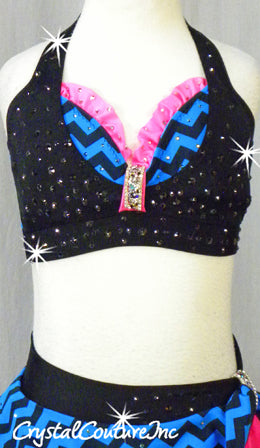 Black/Blue/Hot Pink Bra Top & Skirt with Attached Booty Shorts - Swarovski Rhinestones
