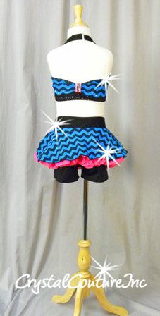 Black/Blue/Hot Pink Bra Top & Skirt with Attached Booty Shorts - Swarovski Rhinestones