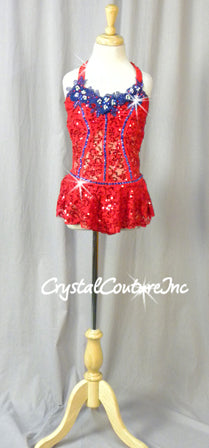 Custom Red Floral Sequin Lace Leotard/Skirt with Blue Accents - Swarovski Rhinestones