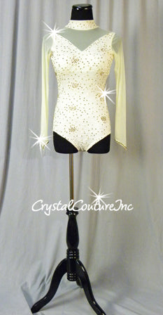 Ivory Floral Lace Leotard with Sheer Mesh Sleeves and Back - Swarovski Rhinestones