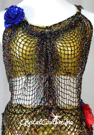 Gold 2 pc Bra Top and Skirt Covered with Intricate Multi-Colored Beaded/Black Netting