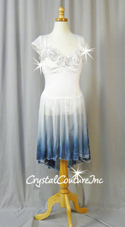 White Leotard with White/Blue Ombre Skirt - Swarovski Rhinestones