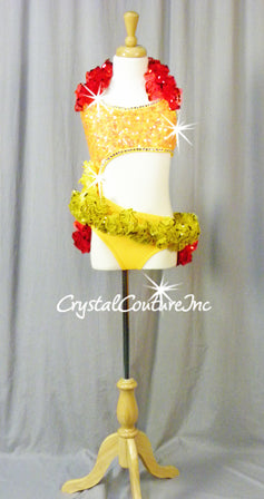 Yellow Connected 2 Pc Top and Trunk with Red/Orange/Yellow Ruffles - Rhinestones