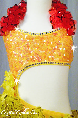 Yellow Connected 2 Pc Top and Trunk with Red/Orange/Yellow Ruffles - Rhinestones