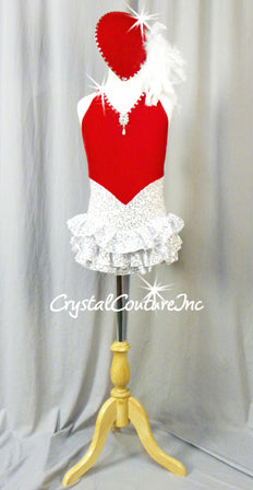 Red Velour with White/Silver Sequin Leotard with Ruffles