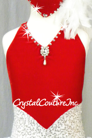 Red Velour with White/Silver Sequin Leotard with Ruffles