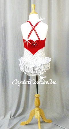 Red Velour with White/Silver Sequin Leotard with Ruffles