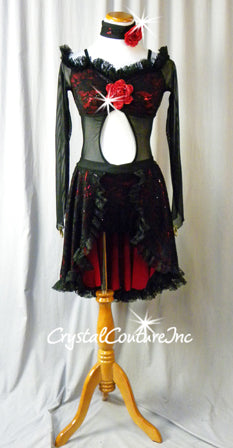 Black Floral Lace with Red Lining and Attached Half Skirt - Swarovksi Rhinestones
