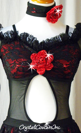 Black Floral Lace with Red Lining and Attached Half Skirt - Swarovksi Rhinestones