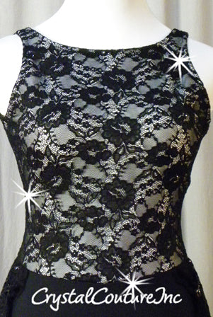 Black Floral Lace Leotard with White Lining/Attached Half-Skirt - Swarovski Rhinestones