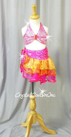 Pink/Orange/Yellow 2 Piece Bra Top and Booty Shorts/Ruffle Skirt - Swarovski Rhinestones