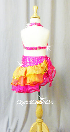 Pink/Orange/Yellow 2 Piece Bra Top and Booty Shorts/Ruffle Skirt - Swarovski Rhinestones
