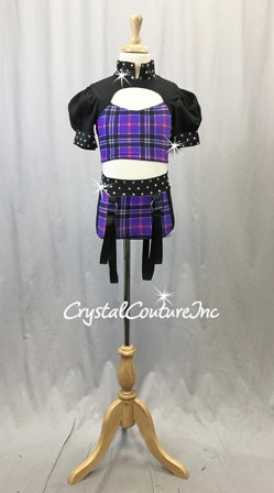 Black and Purple Plaid Two-Piece Cropped Top with Half-Sleeves and Trunks