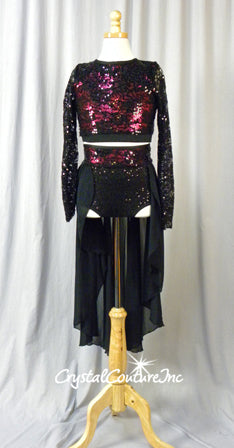 Black Sequin Lace with Shimmery Burgundy Crop Top and Trunk/Chiffon Skirt