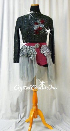 Gray and Burgundy 2Pc Long-Sleeved Top and Booty Shorts/Skirt - Swarovski Rhinestones