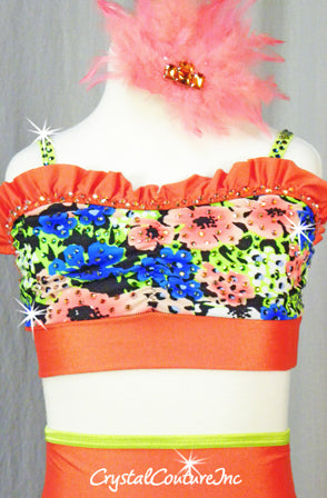 Vibrant Print with Orange Accents 3 Pc Top, Trunk/Ruffles and Skirt - Rhinestone