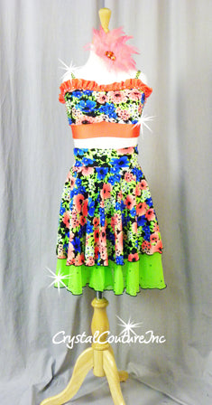 Vibrant Print with Orange Accents 3 Pc Top, Trunk/Ruffles and Skirt - Rhinestone