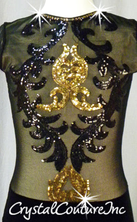 Black Velour and Sheer Mesh Leotard with Gold/Black Sequin Design - Rhinestones