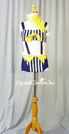 Navy Blue and White Stripe Connected 2 Piece Top & Brief with Yellow Bandanas - Rhinestones