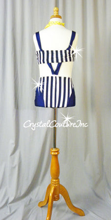 Navy Blue and White Stripe Connected 2 Piece Top & Brief with Yellow Bandanas - Rhinestones