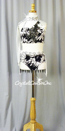 Black/White Lycra Pring Bra-Top and Briefs/Fringe Skirt - Rhinestones