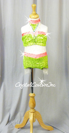 Neon Green Top & Brief with Coral Accents and Beaded Fringe - Rhinestones