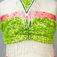 Neon Green Top & Brief with Coral Accents and Beaded Fringe - Rhinestones