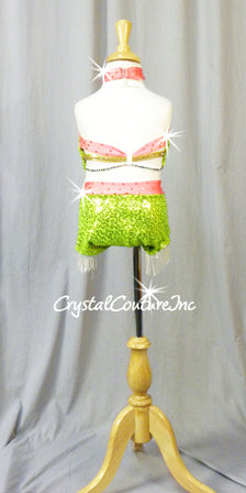 Neon Green Top & Brief with Coral Accents and Beaded Fringe - Rhinestones