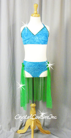 Custom Turquoise Lace Bra-Top and Brief with Green Sheer Mesh Skirt - Swarovski Rhinestones