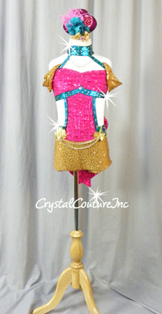Pink, Gold, and Teal Blue Connected 2Pc Top and Booty Short. Back Bow - Swarovski Rhinestones
