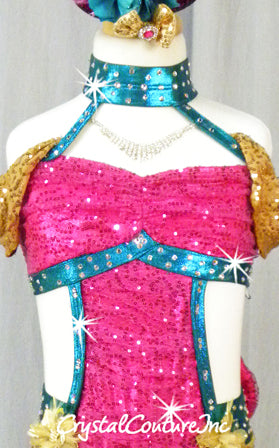 Pink, Gold, and Teal Blue Connected 2Pc Top and Booty Short. Back Bow - Swarovski Rhinestones