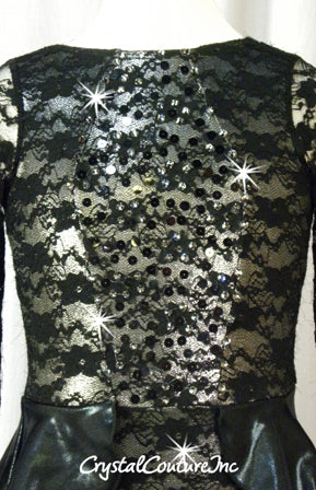 Black Long-Sleeved Lace Leotard with Silver Lining and Peplum Skirt - Swarovski Rhinestones